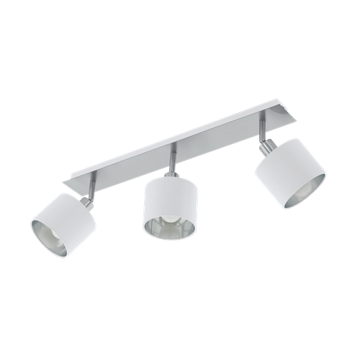 Valbiano Spotlampe i Metal Hvid og Satin Nikkel, med lampeskærme i Hvid tekstil, MAX 3x10 E14 LED, længde 56 cm, dybde 7 cm.